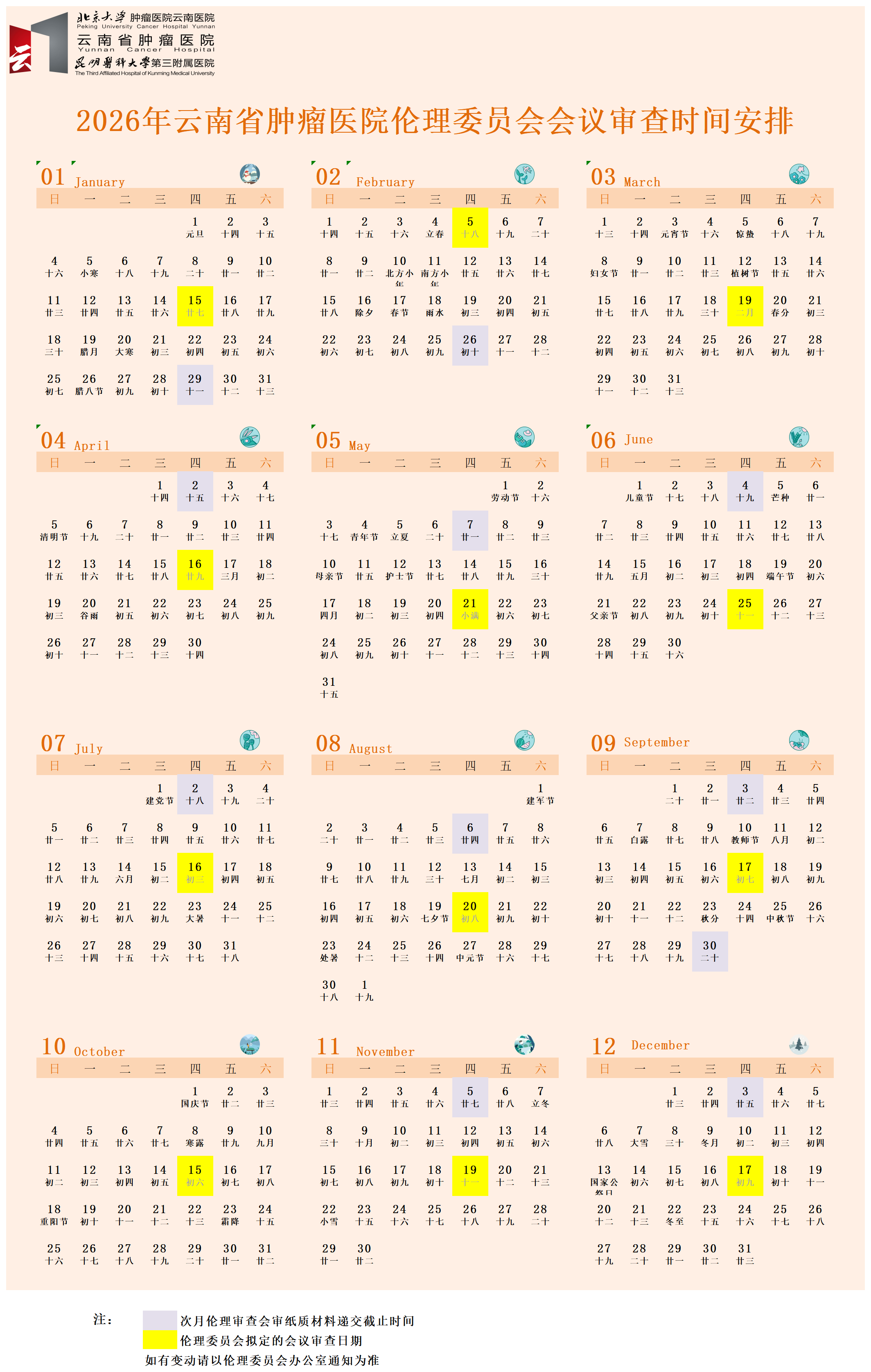 附件：2026年云南省肿瘤医院伦理委员会会议审查时间安排